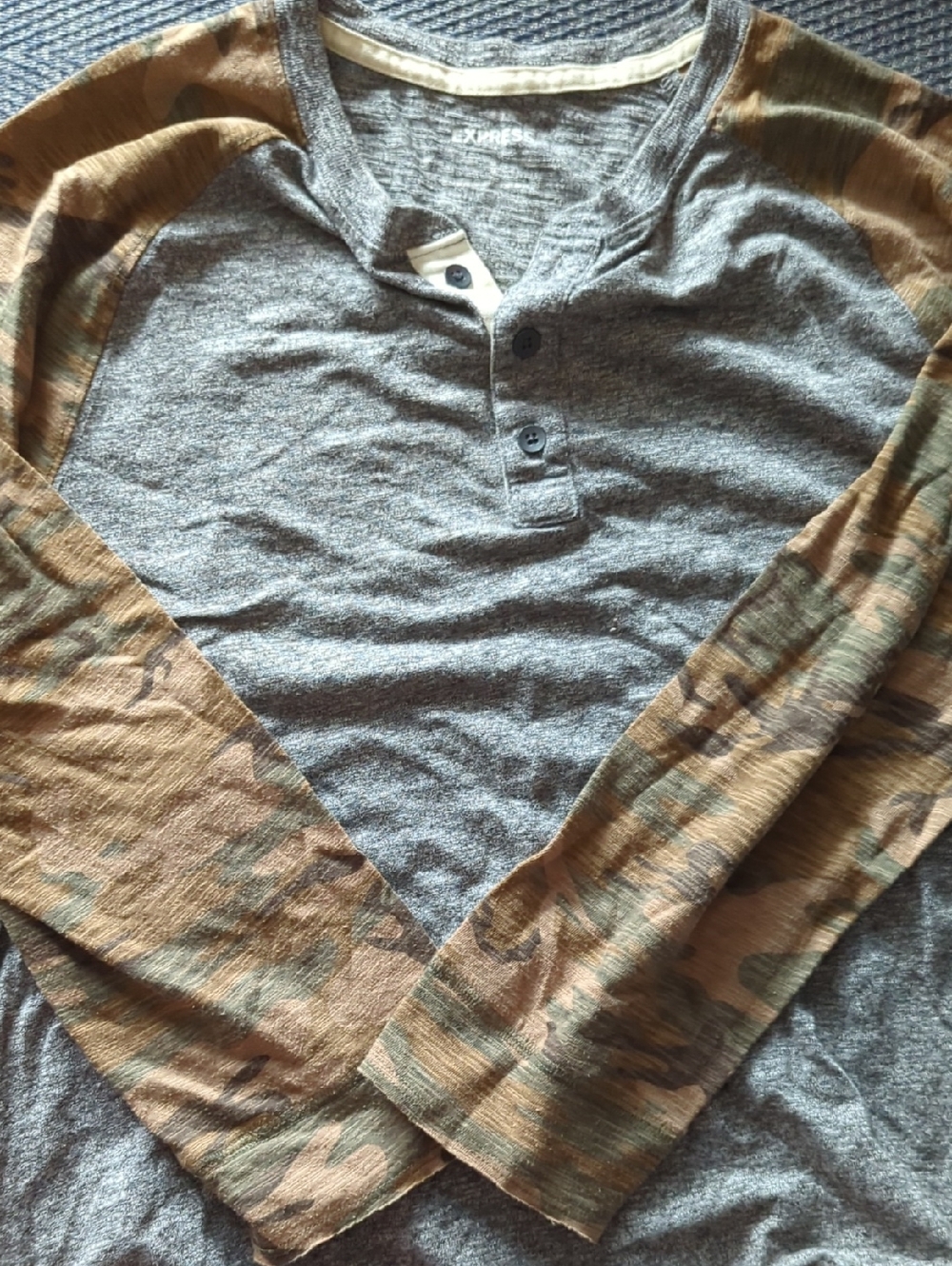 Express Men's Long Sleeve Henley - Gray Body with Camouflage Green/Brown Sleeves